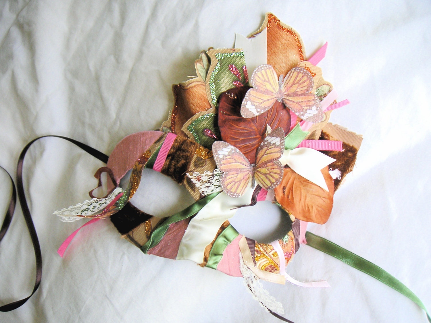 La Chantefleurie - OOAK Masquerade Scrap Mask in Caramel Brown, Dusty Rose, and Pale Green