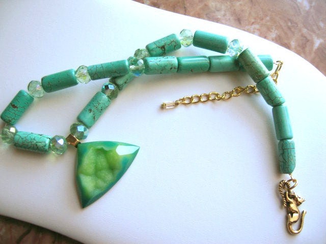 Lime Frost ... green druzy, turquoise magnasite, Czech fired faceted rondelles