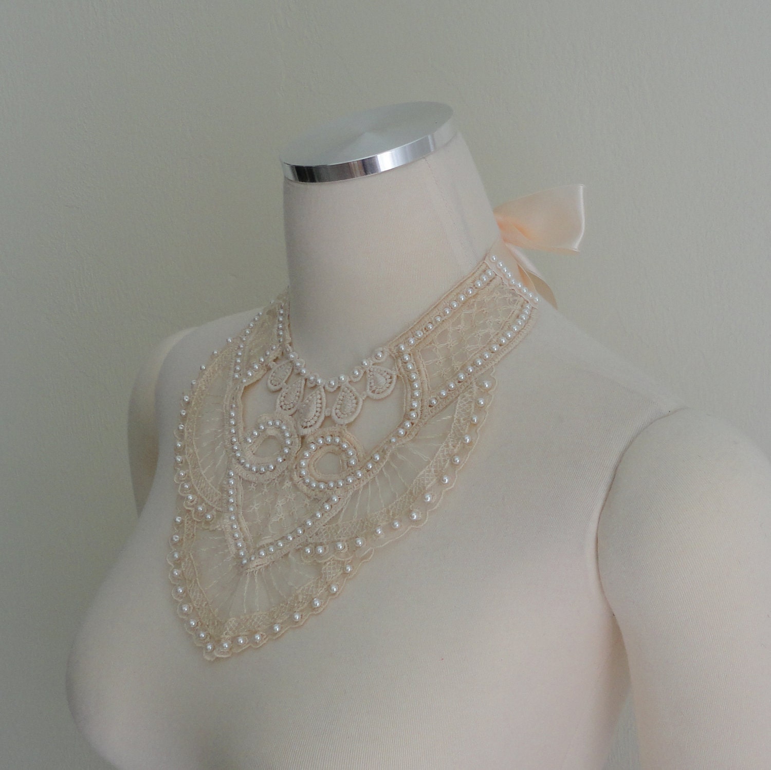 Bridal One Of A Kind Vintage Lace Champagne Color Bib Necklace And Faux Pearl