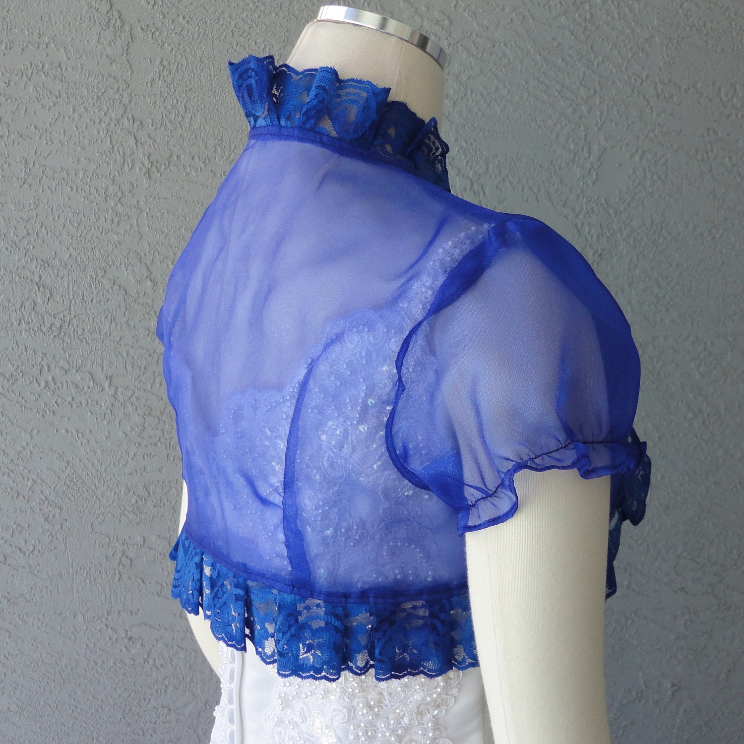 Wedding Bolero Shrug Indigo Organza Lace Trim Cap Sleeves All Sizes Available