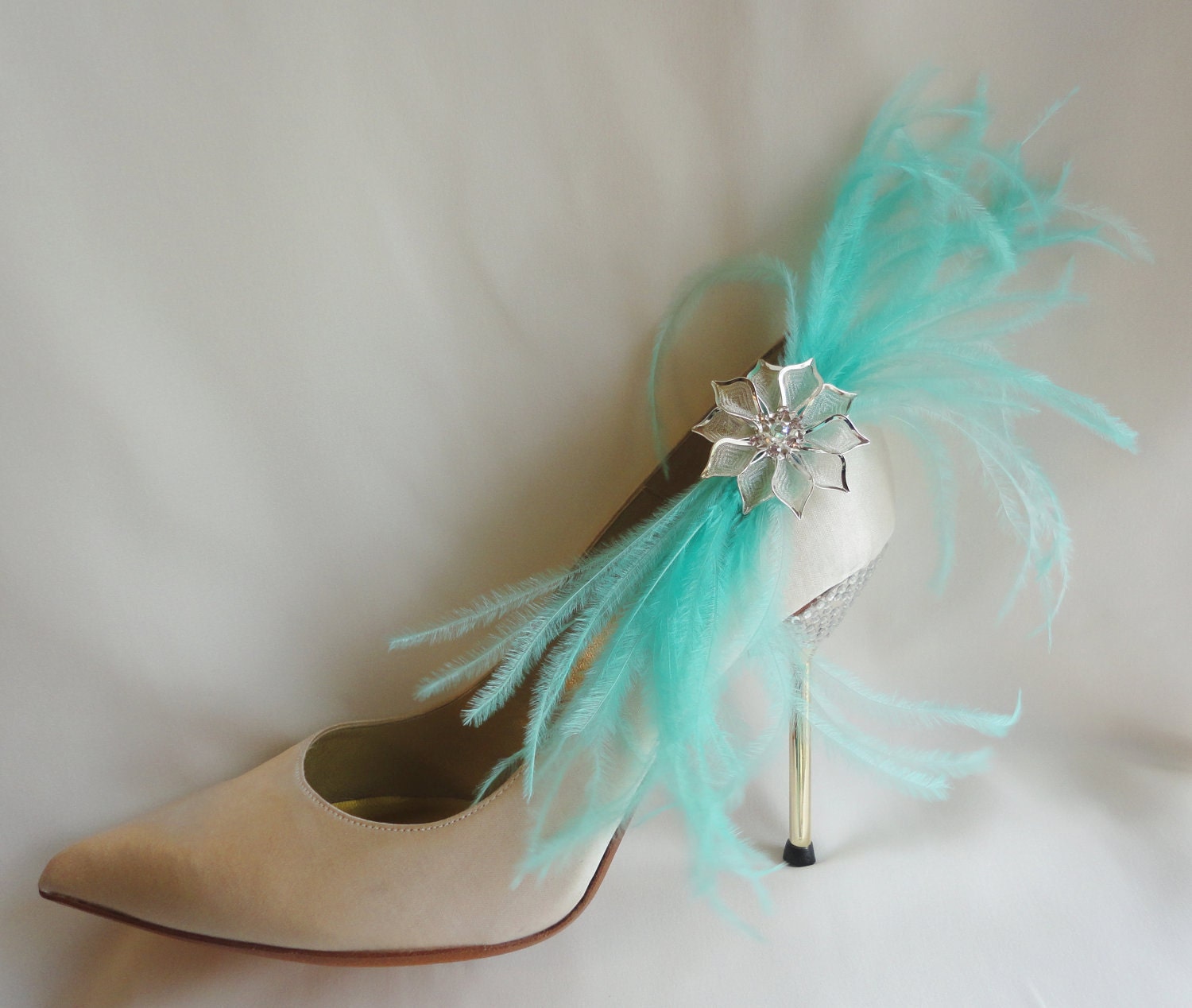 Tiffany Blue Ostrich Feathers Bows Shoe Clips