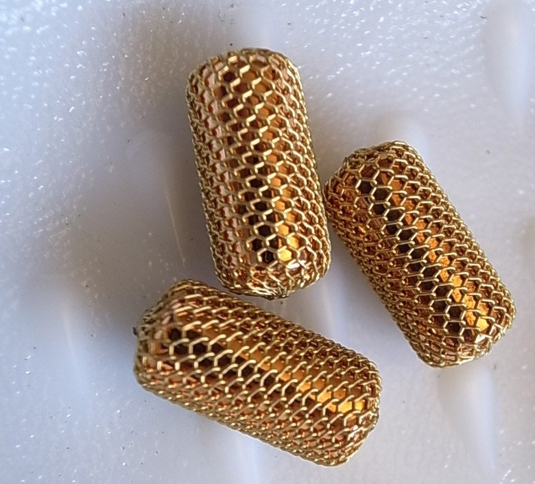 10 rare Vintage all brass mesh wrapping on copper beads in cylinder shape copper