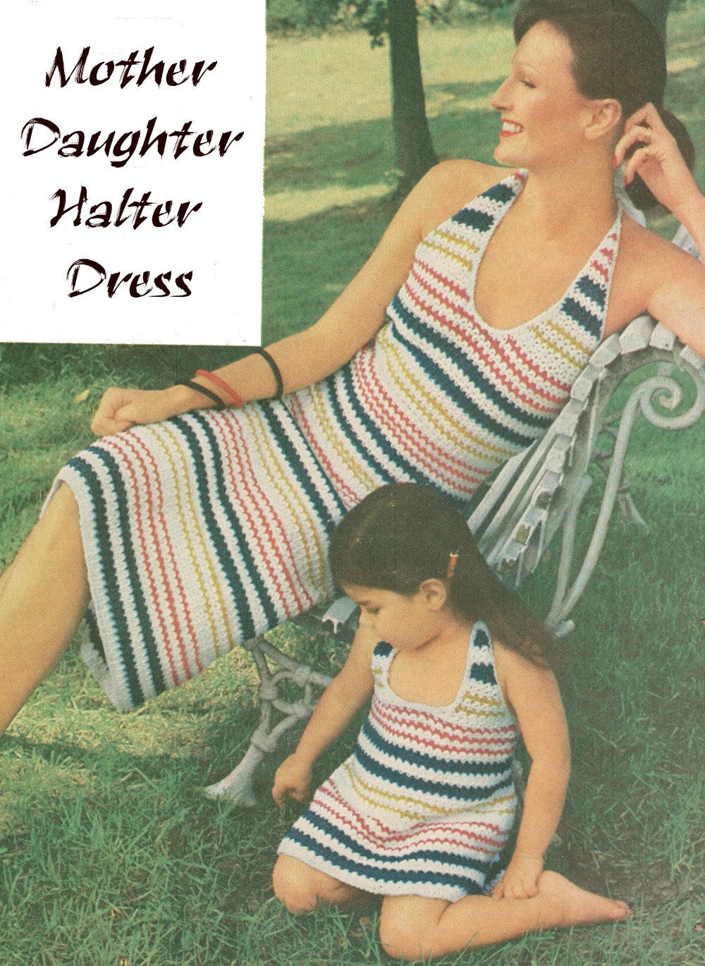 Vintage 1970s Crochet Mother Daughter Stripe Halter Dress Pattern PDF 7614