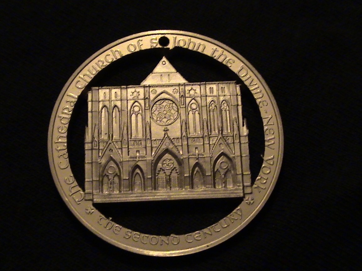 Bronze Medallion - cut coin pendant - w/ Cathedral Churchof St John the Divine in New York