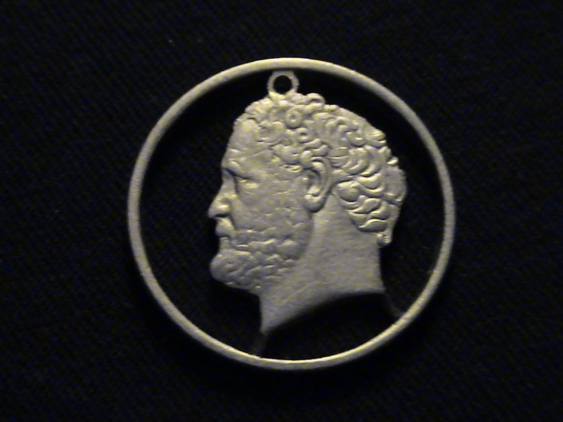 GREECE - cut coin pendant - 1992 - w/ Democritus, Ancient Greek Philosopher and Atomic Theorist