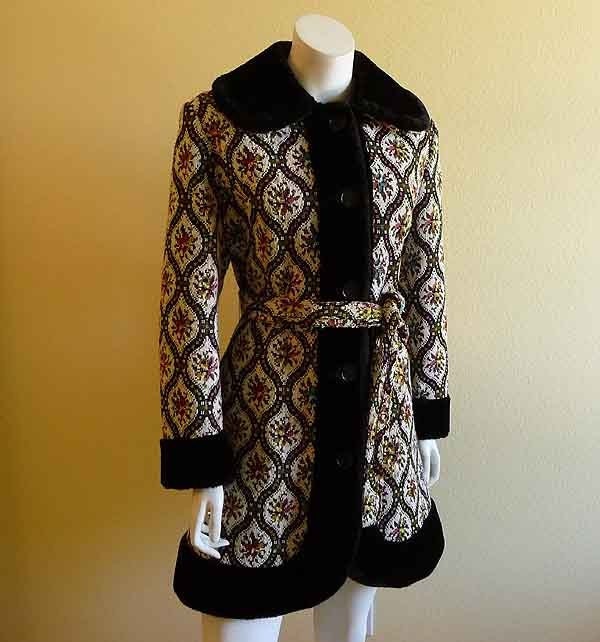 Vintage 60's Mod Tapestry Faux Fur Trim Coat