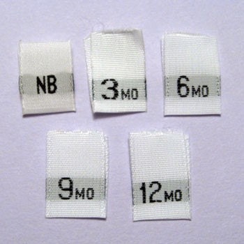 Mixed Baby Size Tags - NB, 3mo, 6mo, 9mo, and 12mo Woven Clothing Tags (Package of 100)