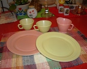 pink and yellow pastel Moderntone Hazel Atlas 2 plates 2 cups and creamer