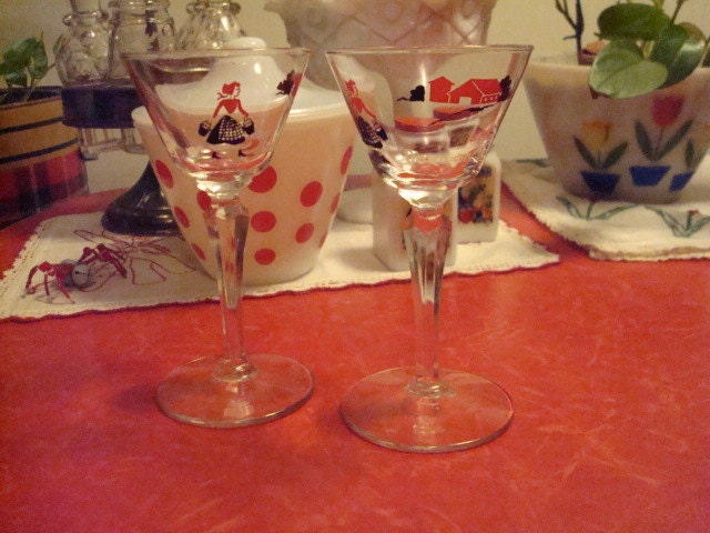 set of 2 vintage 1950s stem cordials glasses farmgirl barn