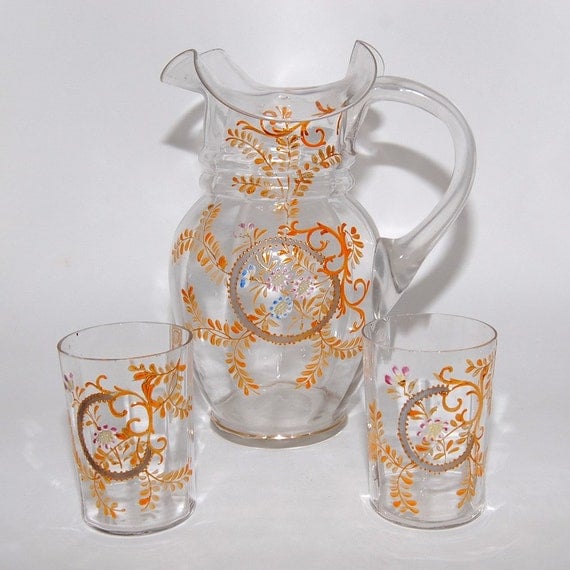 Victorian Era Glass Drink Set Pitcher Glasses circa by Abundancy