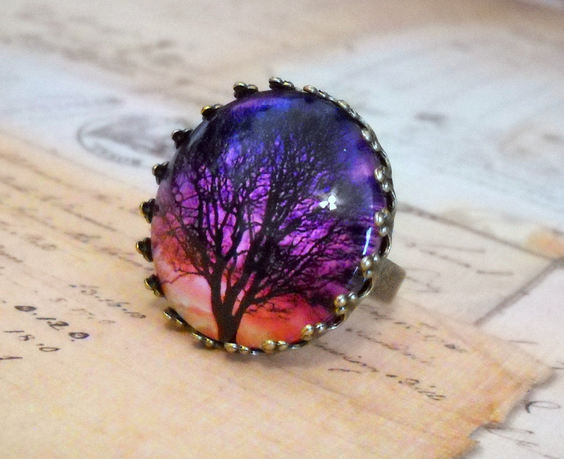 Glass Art Photo Ring - Sunset Tree - gift for her under 20 dollars