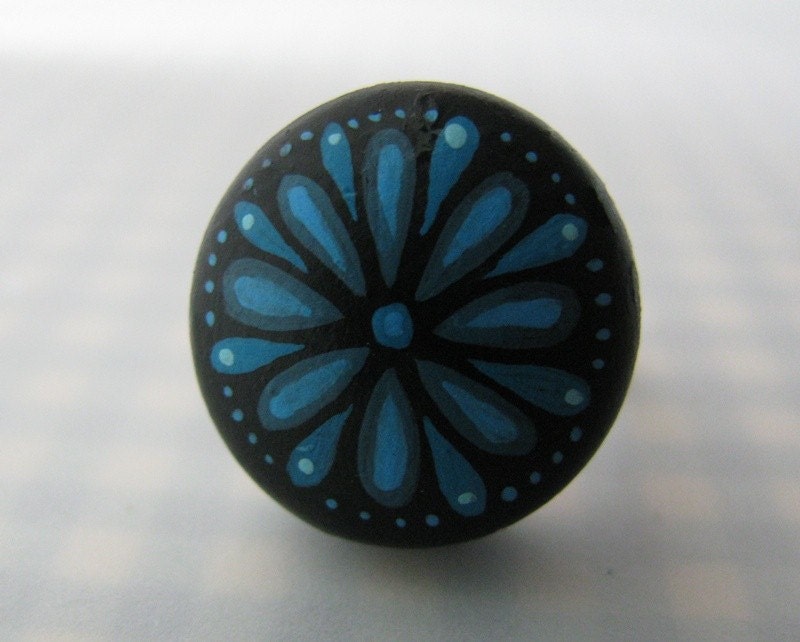 night blooming flower black and blue - handpainted ring