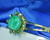 Vintage Green AB Rhinestone, gold tone bracelet. OOAK. Upcycled vintage materials. Cuff, clasp, bangle.