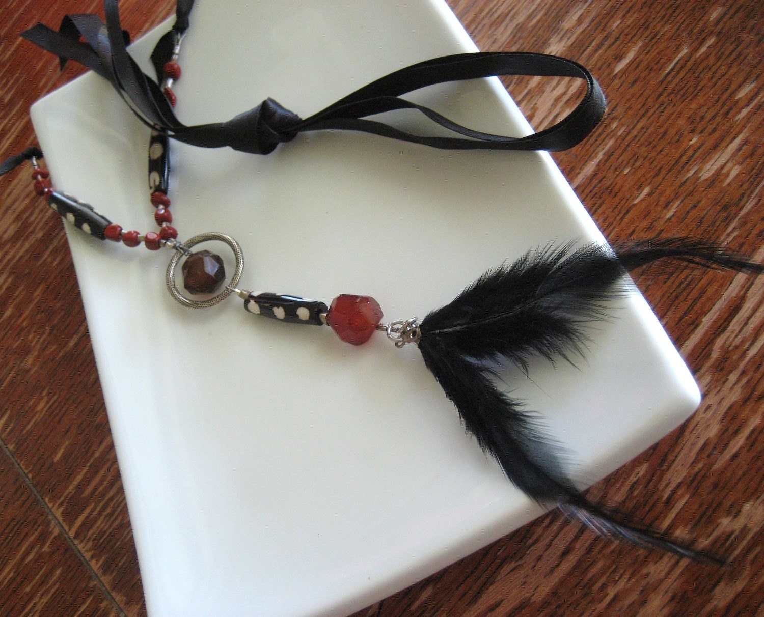 SALE Feather Bone and Agate Necklace / Tribal Inspired / One of a Kind Handmade Jewelry