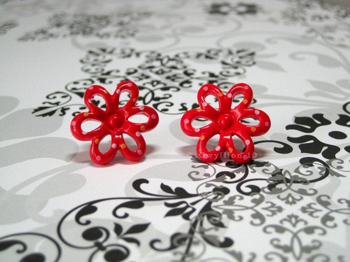 Retro Polka Dot Flower Earrings - (1)