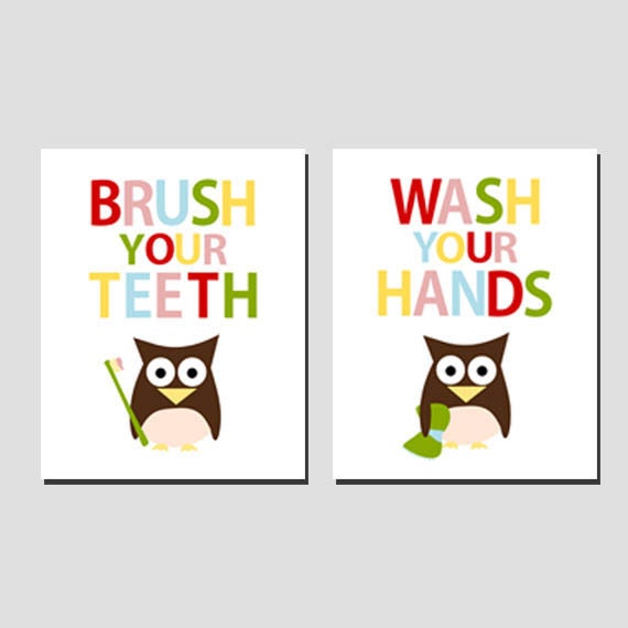 Brush your teeth and Wash your hands - owl - colors - set of 2 prints - 8x10 on A4