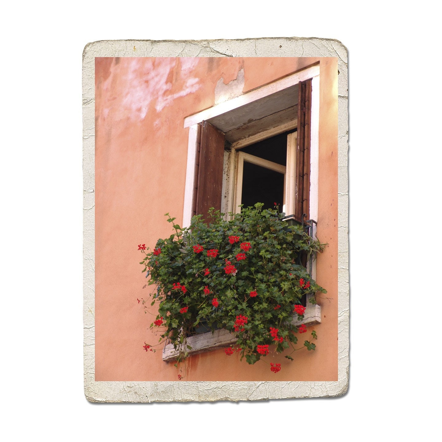 Window In Venice Fine Art Italy Photograph -Rustic Peach Red Flowers Italian Garden Vintage Style Architecture Romantic
