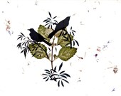 Bird Art Print Two Birds In A Tree -Botanical Fine Art Nature Robin Silhouette Green Garden