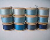 12 Vintage Wooden Spools of Blue Silk Thread  BELDING CORTICELLI