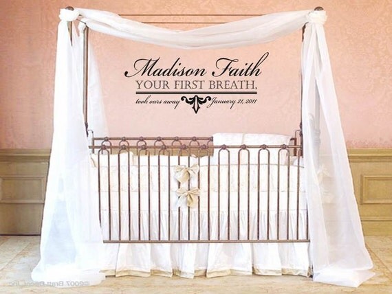 Wall Decal Quote Boy or Girl Your first breath took ours away and Elegant Script Name with Flourish Graphic Wall Words