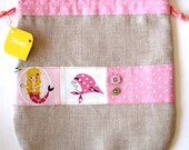 Natural linen kinchaku pouch -  the Little Mermaid