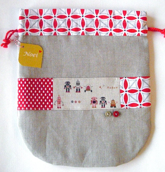 Natural linen kinchaku pouch - robot friends