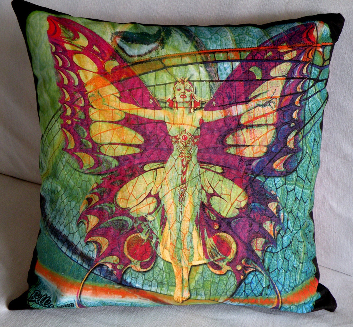 Decorative Pillow Cover - "I'm No Angel...But I've Spread My Wings a Bit"  - Fiber Art - Roaring 20s - Hand Made - Fits 18x18 Insert