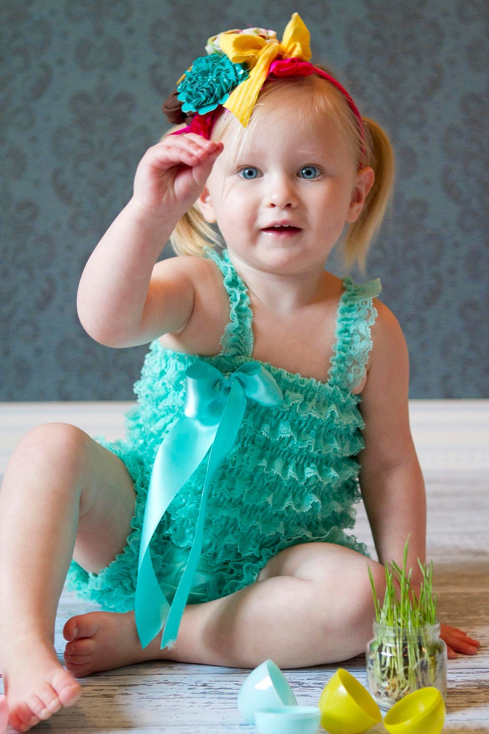 Pettiromper Petti Romper - Lace Ruffles - Caribbean Turquoise Green - You Pick Size 12 18 2t 3t 4 5 6 - Perfect for Portraits
