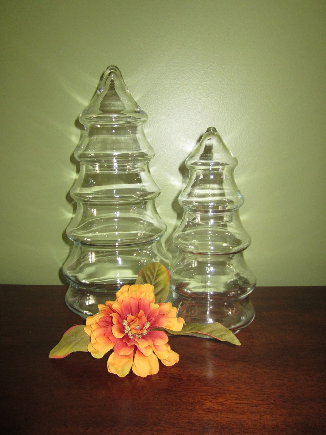 SALE Christmas Tree Shaped Clear Glass Jars Set Of by vintagewares