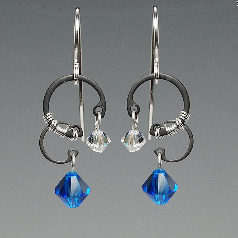 Centaurus A II v6: Elegant industrial wire wrapped earrings with capri blue Swarovski crystals