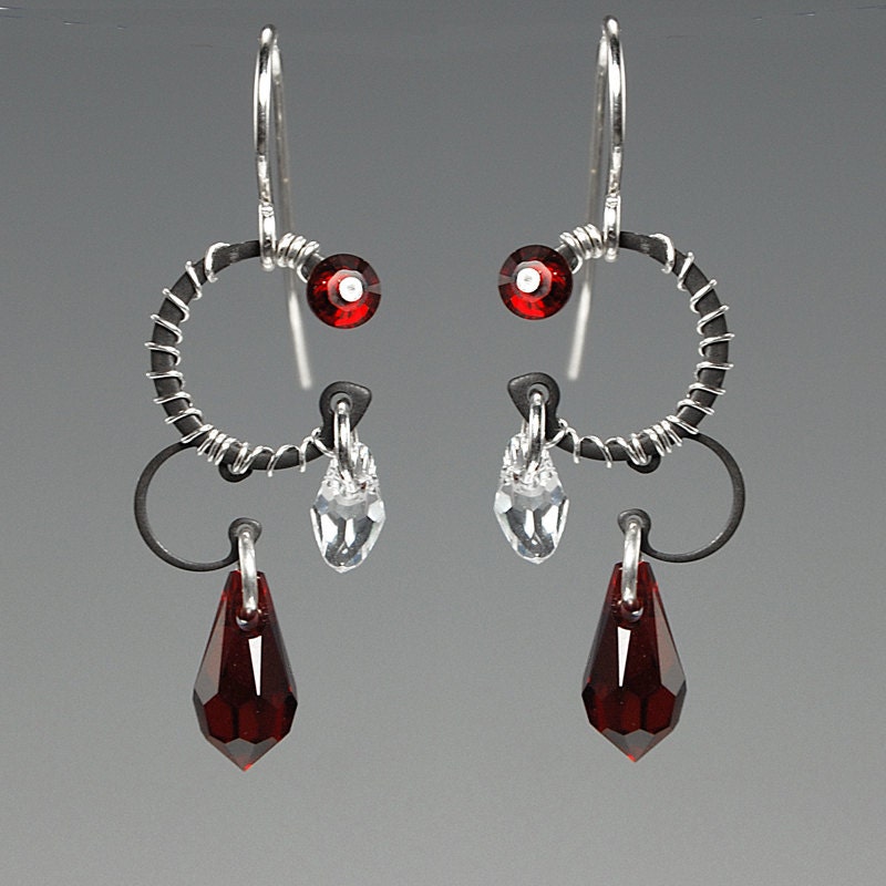 Mars II v9: Modern industrial wire wrapped earrings with red Swarovski crystals