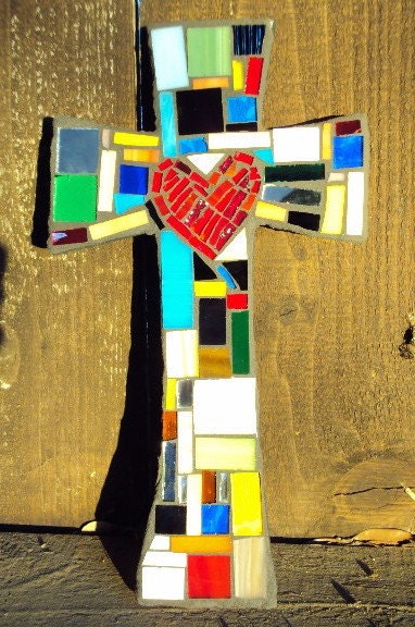 Medium Mosaic multicolored Cross with heart in center