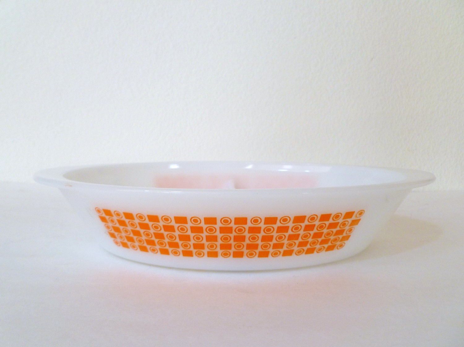 Vintage Glasbake White Divided Dish with Orange Circle Square Pattern Rare