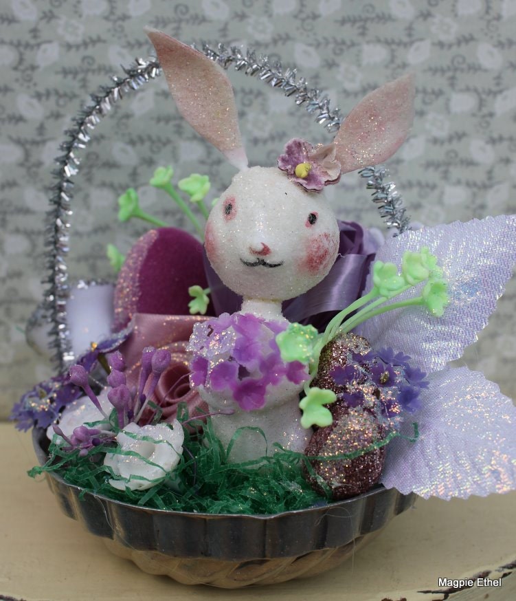 Vintage Style Easter Basket  - Tin Mold, Bunny with Purple Scene