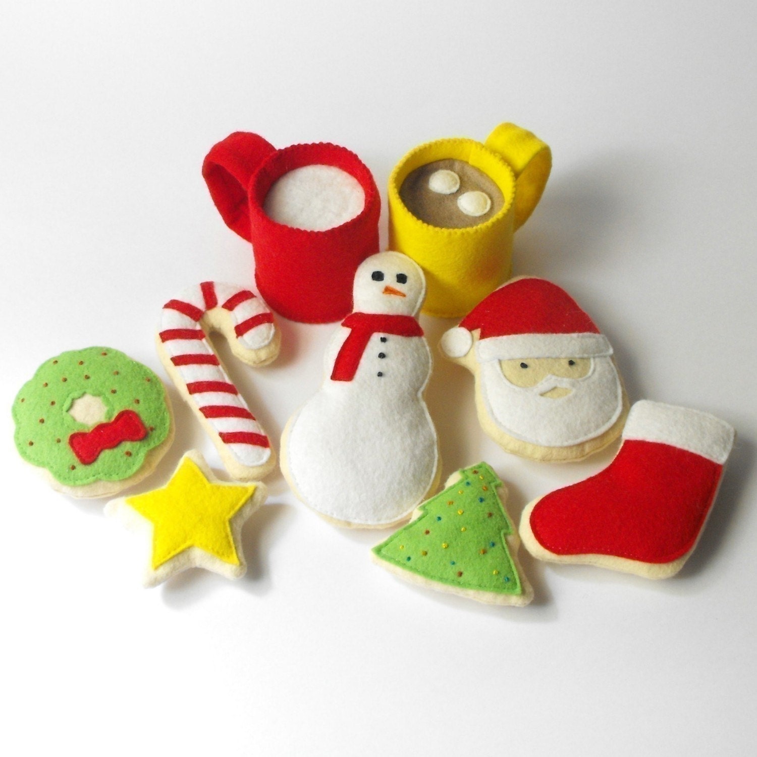 Felt Food Pattern- Christmas Cookies, Hot Cocoa and Milk (Santa, Wreath, Tree, Candy Cane, Snowman, Star, Stocking, Cocoa and Milk Mug)