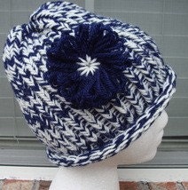 Loom Knitted Blue and Beige Hat
