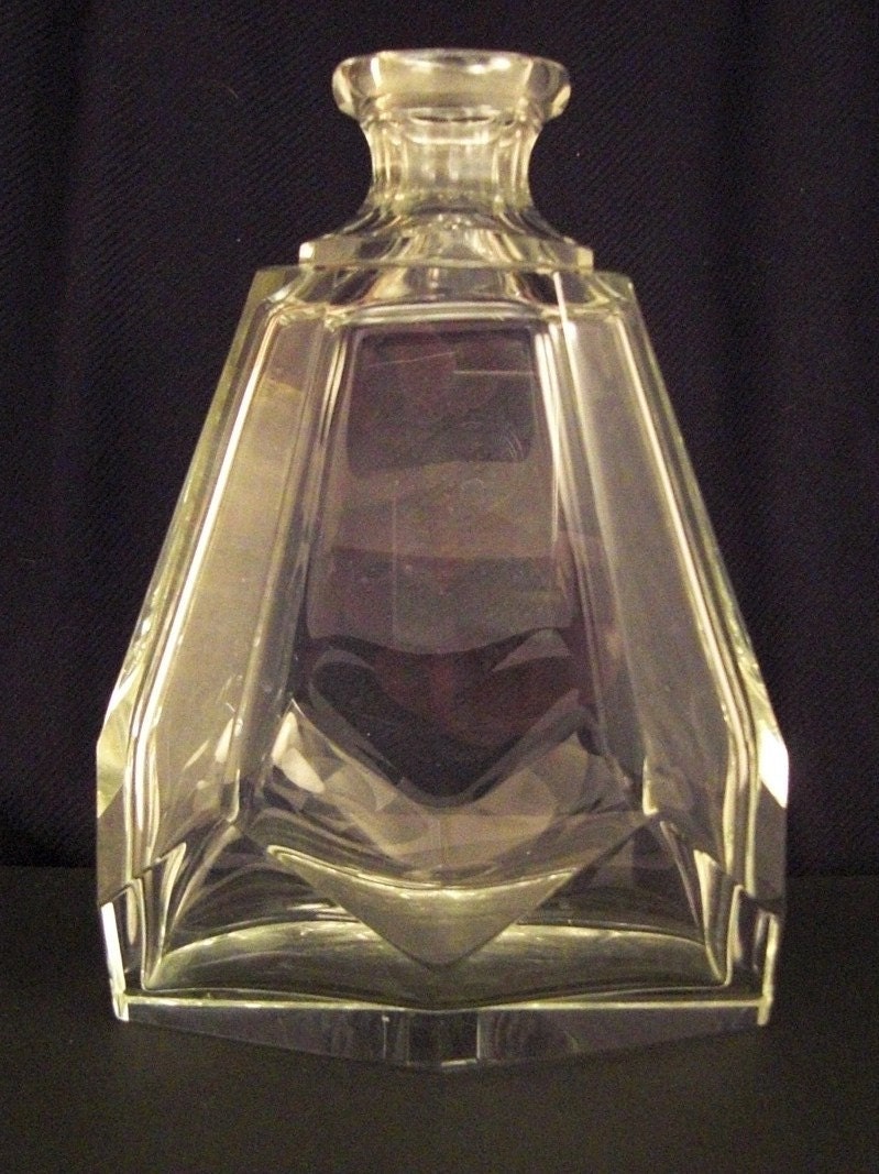 Crystal BOTTLE Cut GLASS CZECHoslovakia signed Beveled Faceted Clear Triangular