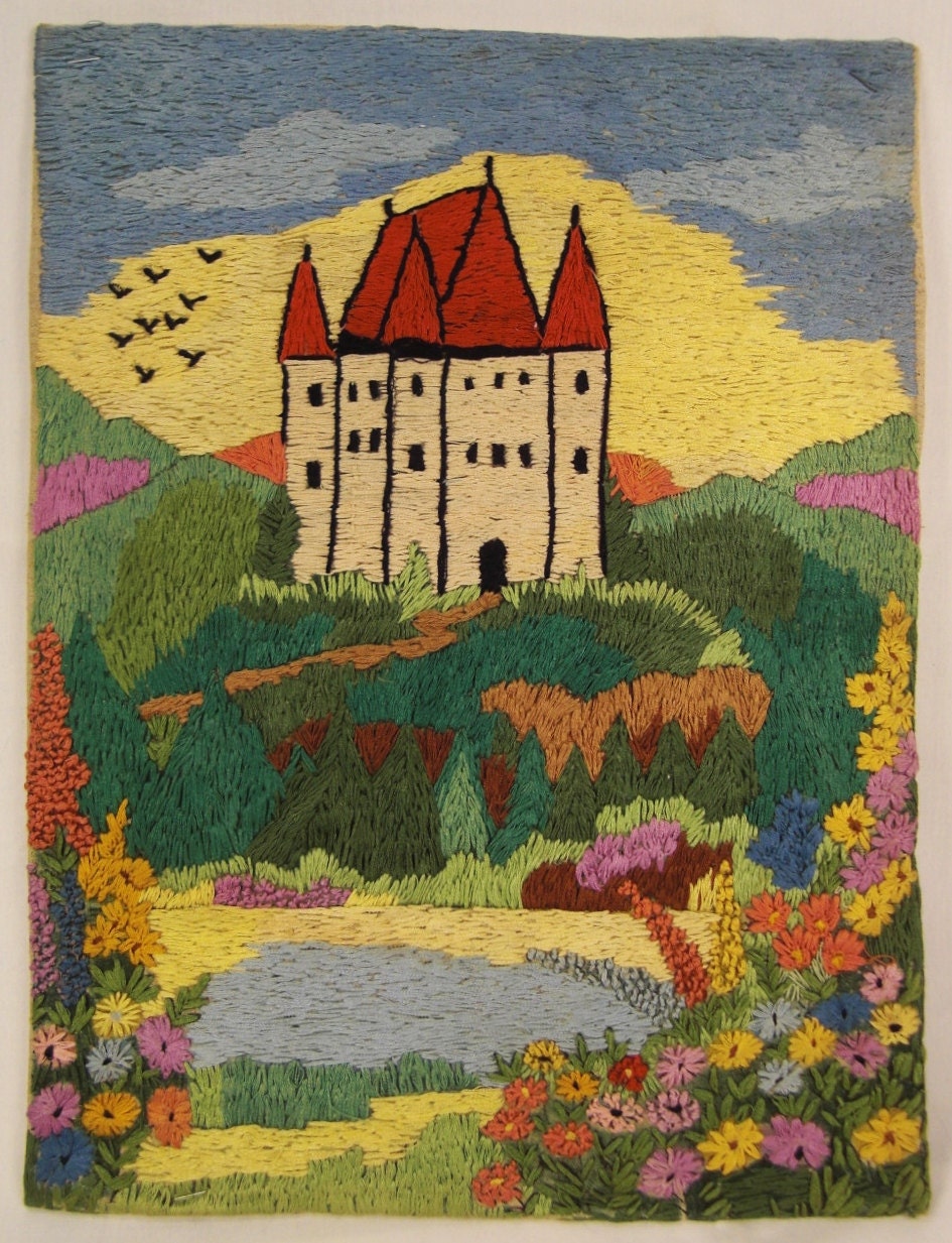 CASTLES  Embroidery Sideways Stich on Linen on cardboard 16 x 12 Handcrafted