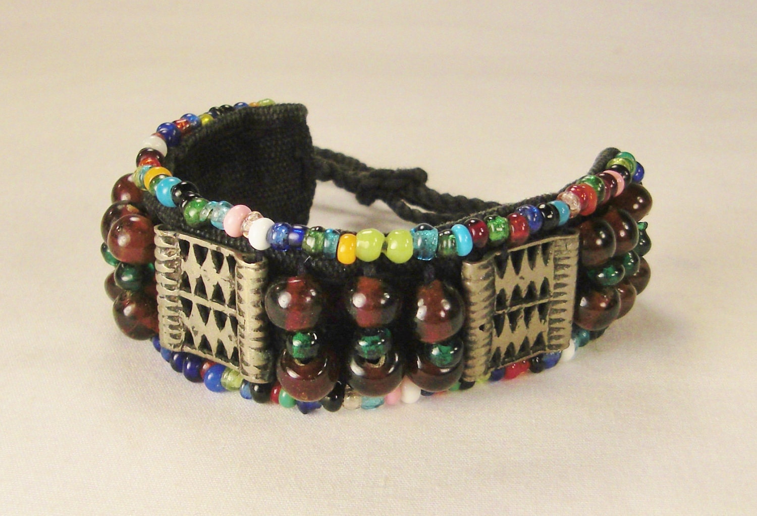 vintage BRACELET  semi precious stones silver metal beads sewn on cloth  handcrafted 6 x 1  in  long