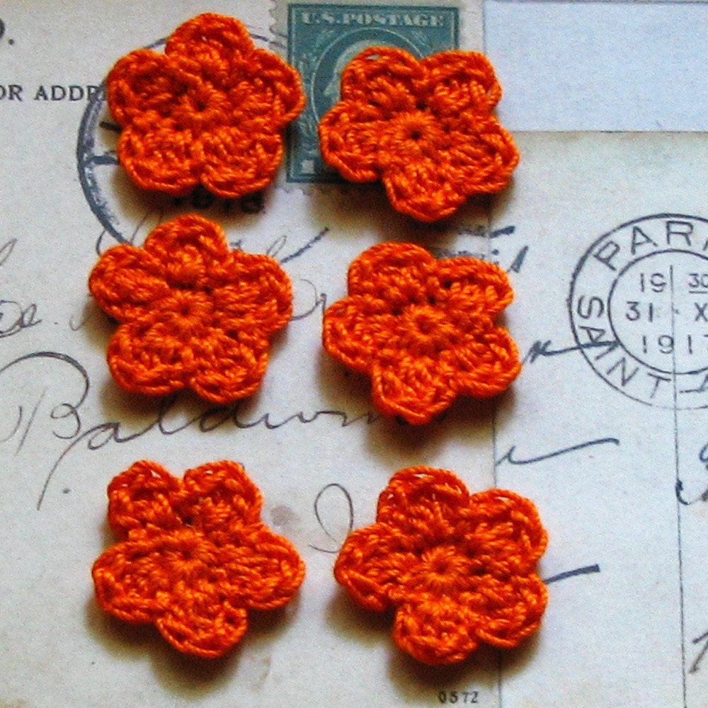 Half Dozen Orange Mini Crocheted Mercerized Cotton Embellishment Flowers