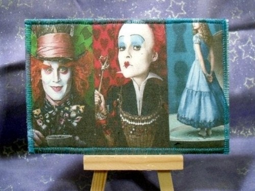 Mad Hater, Alice, Queen of Hearts Homemade Fabric Postcard
