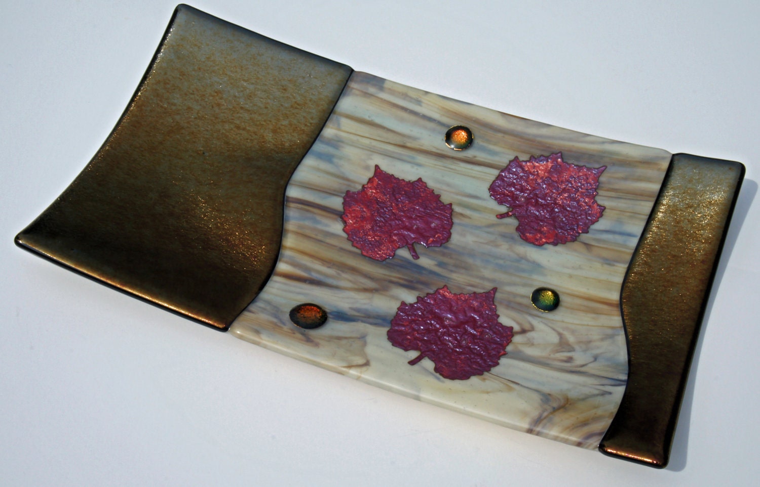Earth Tones, Copper Aspen Leaves, Gold, Brown, Cream Fused Glass Plate, Home Decor, Decorative Plate