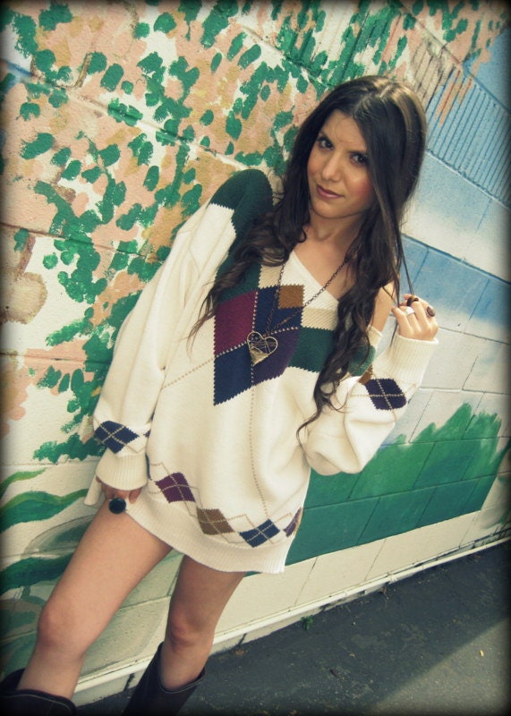 LOVE Hippie Vintage Scoop Neck 80's Chunky Argyle Sweater Top Jumper