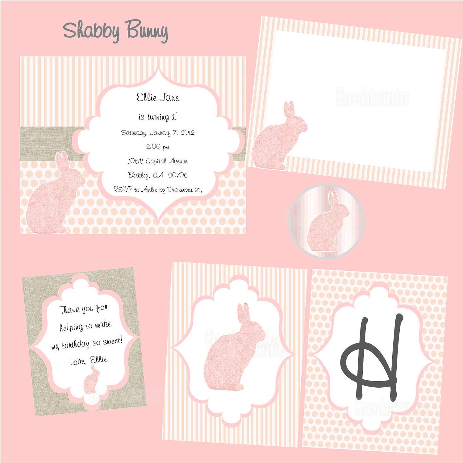 Girls Shabby Bunny Printable Invitation Package Il_570xn