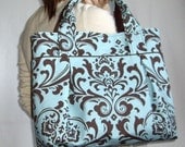 Weekend Tote - Aqua and Brown Damask
