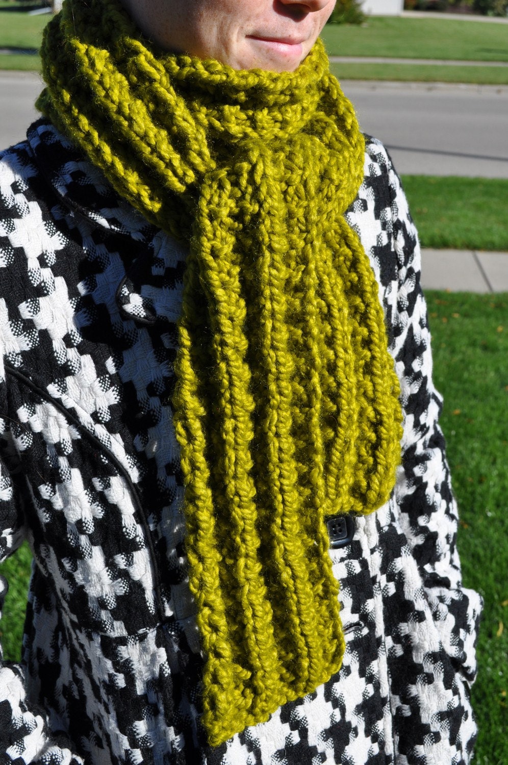 Green Chunky Scarf - Mens Long Knit Scarf - Ladies Warm Wool Scarf - Winter Woman Neckwarmer - Lemongrass - Pear