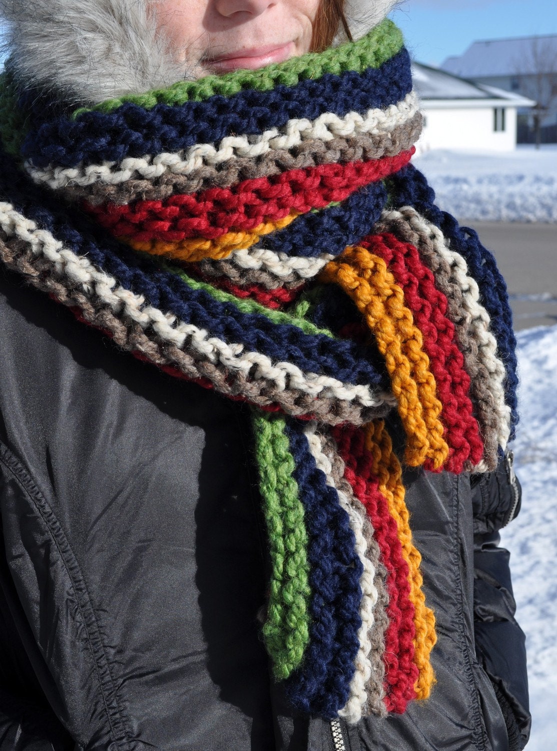 Chunky Striped Scarf - Mens Long Knit Scarf - Womens Multicolor Warm Scarf - Ladies Neckwarmer - Red - Gold - Green - Blue - Brown - Oatmeal