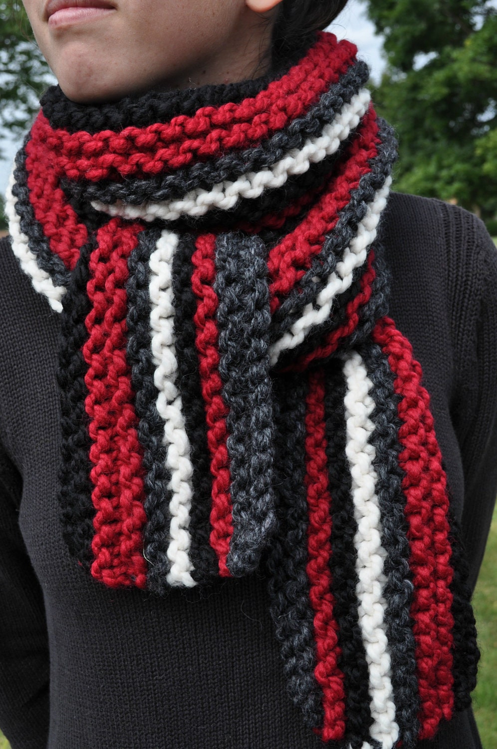Chunky Striped Scarf - Mens Long - Black White Grey Red - Womens - Ladies Scarf - Fall Football - Cranberry - Charcoal - Ivory Cream - Black