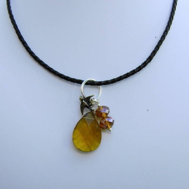 Golden Quartz Brio Pendant Necklace with Brass Songbird Charm on Braided Leather