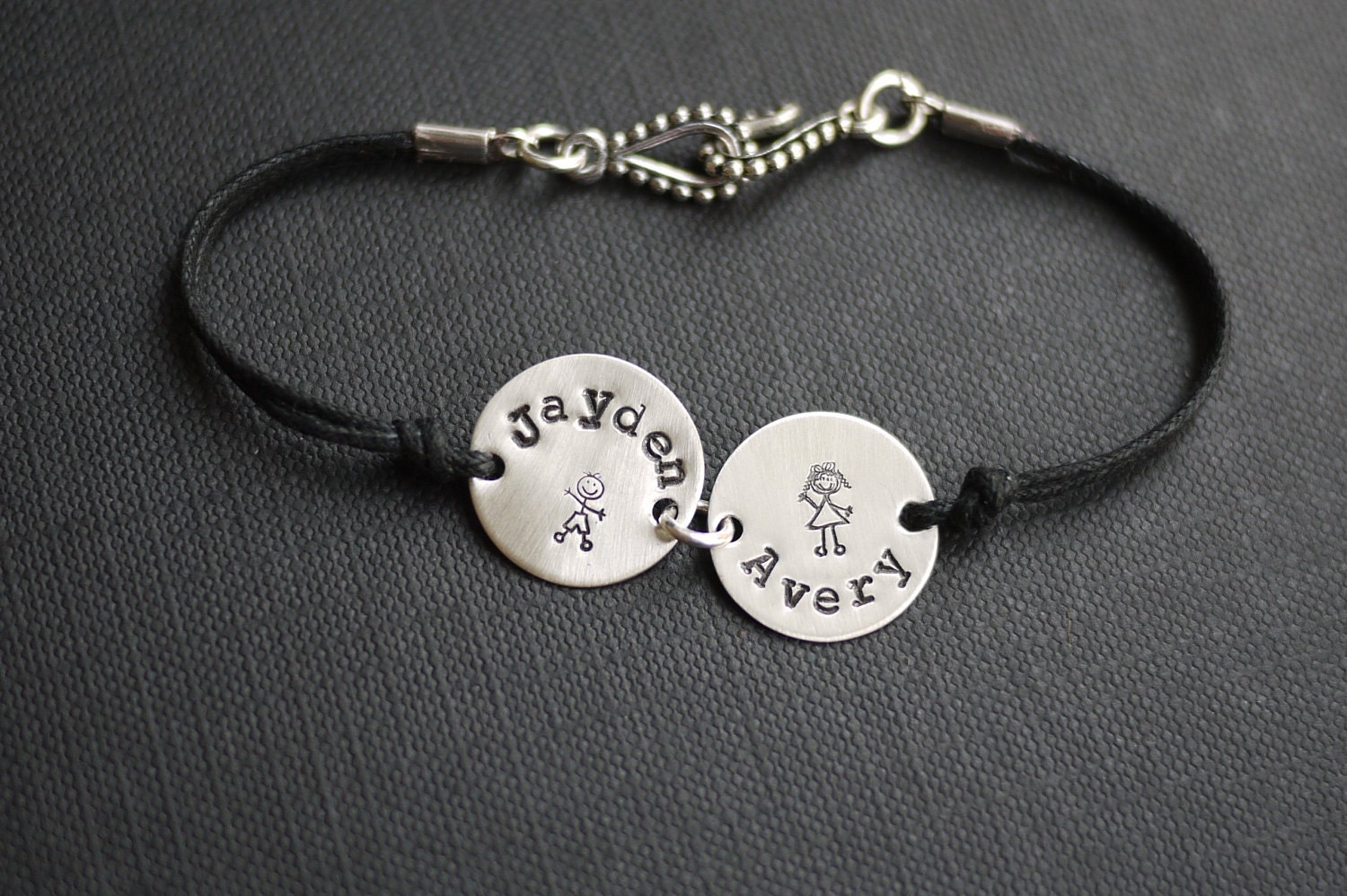 Two Sterling Silver Handstamped Charms Bracelet with Cotton Cord by I Heart This Jewelry